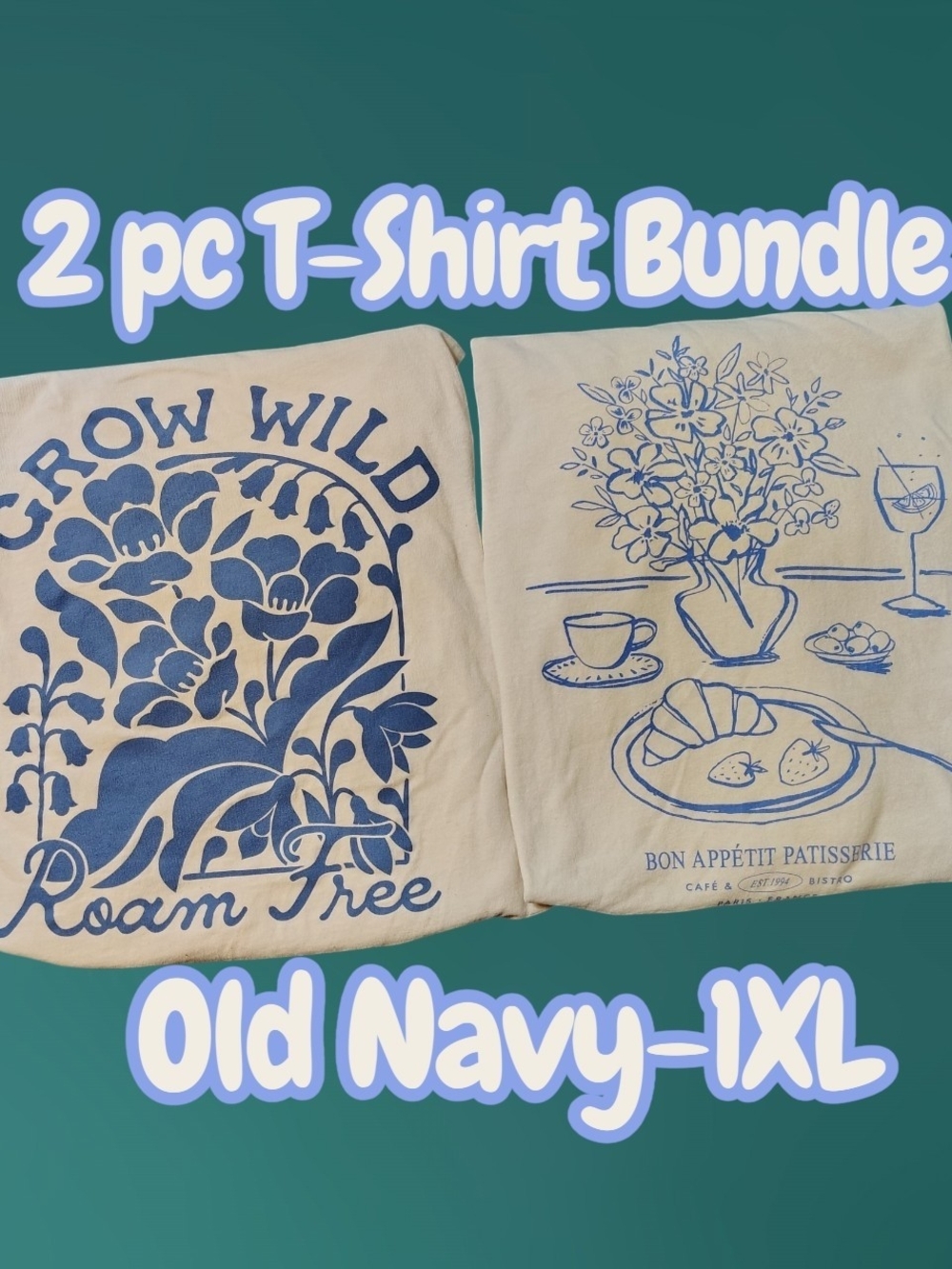 2 Pc XL Old Navy Classic Crewneck Cropped Tees in Beige & Blue